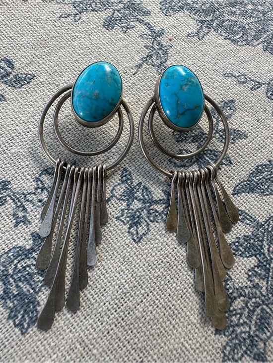 Jewelry - Vintage Turquoise Oval Fringe Drop Earrings - silver 925